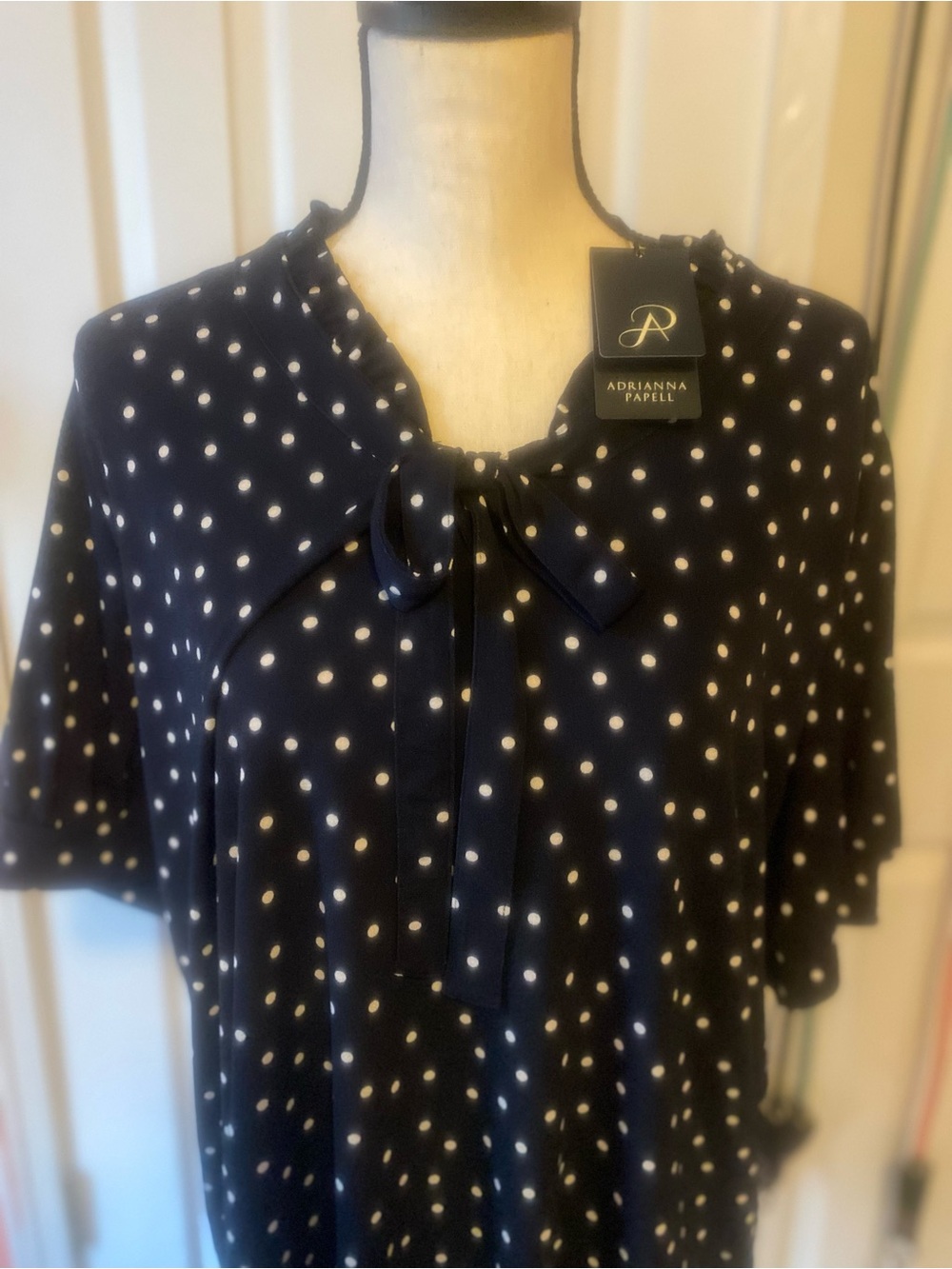 Adrianna Papell Navy and White Polka Dot Tie-Neck Blouse